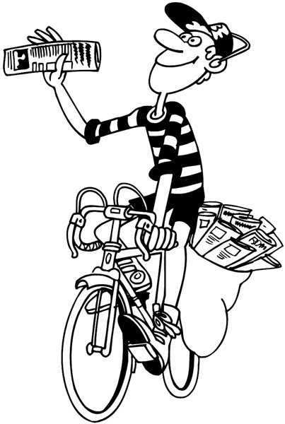 Delivery boy on bike vinyl sticker. Customize on line. Newspapers Communication 064-0172